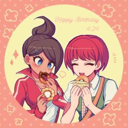  2girls :d apron asahina_aoi blush border breasts brown_hair closed_mouth collared_shirt commentary_request cursive danganronpa:_trigger_happy_havoc danganronpa_(series) danganronpa_2:_goodbye_despair doughnut eating flower_(symbol) food food_wrapper freckles gingham_necktie green_apron hair_ornament hairclip hands_up happy_birthday holding holding_doughnut holding_food jacket koizumi_mahiru long_sleeves medium_breasts multiple_girls necktie notice_lines open_mouth pink_border ponytail red_background red_hair red_jacket round_border round_image sasakama_(sasagaki01) shirt short_hair short_sleeves smile teeth track_jacket upper_body upper_teeth_only v-shaped_eyebrows white_necktie white_shirt yellow_background 