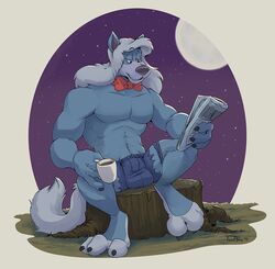  2019 4_fingers abs animaniacs anthro beverage blue_body blue_fur bottomwear bow_tie bulge canid canine canis clothed clothing coffee cutoffs denim denim_bottomwear denim_clothing digitigrade fingers full_moon fur hair male mammal moon muscular muscular_anthro muscular_male mythological_canine mythological_creature mythology navel newspaper pecs reading reading_newspaper shorts sky solo star starry_sky stub teaselbone topless torn_clothing warner_brothers were werecanid werecanine werewolf white_hair wilford_wolf wolf 