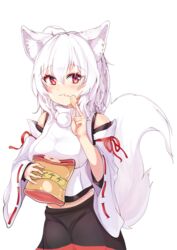  :t ahoge animal_ear_fluff animal_ears bag bare_shoulders black_skirt blush breasts chips_(food) commentary_request cowboy_shot detached_sleeves eating female food food_on_face genrou_mof hair_between_eyes highres holding holding_bag holding_food inubashiri_momiji large_breasts looking_to_the_side medium_hair no_headwear red_eyes red_ribbon red_skirt ribbon shirt simple_background skirt solo standing tail touhou turtleneck white_background white_hair white_shirt wolf_ears wolf_tail 