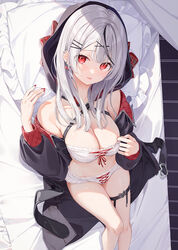  bed_sheet black_coat bow bow_earrings bra breasts cleavage coat earrings female grey_hair hair_ornament hand_up highres hololive hood hood_up hooded_coat jewelry kinako_(shiratama_mochi) large_breasts long_hair looking_at_viewer lying multicolored_hair off_shoulder on_back panties pillow plaid plaid_bow red_eyes red_nails sakamata_chloe sakamata_chloe_(1st_costume) solo streaked_hair thigh_strap thighs underwear virtual_youtuber white_bra white_panties x_hair_ornament 