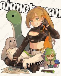  apex_legends artist_name belt black_belt black_footwear black_gloves black_sports_bra boots breasts brown_hair cleavage commission doll female fingerless_gloves gloves green_eyes hair_behind_ear head_tilt highres looking_at_viewer medium_breasts multicolored_hair nessie_(respawn) oinu-chan orange_hair original pants paper parted_lips ponytail rabbit sample_watermark shrug_(clothing) smile solo sports_bra stuffed_toy two-tone_hair watermark white_pants 