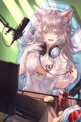  absurdres animal_ear_fluff animal_ears blue_eyes blush bra breasts can chair chips_(food) commentary_request computer_keyboard drink_can drinking_straw fangs female food gaming_chair grey_hair hair_between_eyes headphones headphones_around_neck highres indoors kithera korean_commentary large_breasts long_hair looking_at_viewer microphone monitor off_shoulder on_chair open_mouth original partial_commentary pink_bra potato_chips shirt short_sleeves sitting soda_can solo swivel_chair underwear white_shirt 