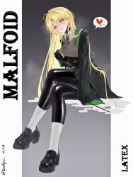 absurdres artist_name black_robe blonde_hair bodysuit bodysuit_under_clothes breasts character_name collared_shirt commentary dated diagonal-striped_clothes diagonal-striped_necktie earrings female genderswap_(mtf) green_eyes green_necktie green_robe harry_potter_(series) highres hogwarts_school_uniform hoop_earrings jewelry latex latex_bodysuit loafers long_hair malfoid necktie robe rule_63 school_uniform shiny_clothes shirt shoes socks solo striped_clothes striped_necktie two-sided_fabric two-sided_robe two-tone_robe untranslatable_commentary white_shirt white_socks wizarding_world yuseiryao 