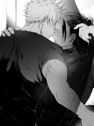  2boys after_kiss blush commentary_request compression_shirt curtains earrings face-to-face fingernails geto_suguru gojo_satoru greyscale hair_bun jewelry jujutsu_kaisen long_hair male_focus monochrome multiple_boys piyo_p saliva saliva_trail short_hair yaoi 