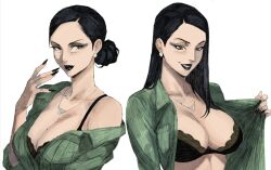  black_bra black_lips black_nails bra breasts debbie_grayson female hair_bun hair_down hex_mamaso invincible_(series) jewelry large_breasts mature_eyes mature_female necklace off_shoulder open_clothes open_shirt presenting_own_body seductive_smile single_hair_bun smile solo underwear upper_body 