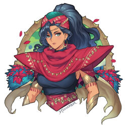  black_shirt blue_hair breasts cape circlet crescent crescent_earrings cropped_torso dark-skinned_female dark_skin dragon_ball earrings female fire_emblem fire_emblem:_fortune's_weave flower gold_earrings green_eyes headscarf high_ponytail jewelry leda_(fire_emblem) long_hair looking_at_viewer meziosaur ponytail red_cape red_headscarf shirt solo wavy_hair 