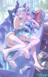  2girls :q absurdres animal_ears armored_corset armpits artist_name barefoot behind_another blue_dress blue_eyes blue_hair blue_nails breasts cake cake_slice chinese_commentary closed_mouth colored_eyelashes commentary_request couch crossed_bangs cushion dated demon_girl demon_horns demon_tail double-parted_bangs dress drill_hair duel_monster earrings feet fingernails fins fish_girl food foot_focus foreshortening fruit garter_straps gloves grabbing_from_behind grey_eyes grey_hair grey_shoes hair_between_eyes head_fins high_heels highres horns indoors jewelry kitkallos_(yu-gi-oh!) large_breasts long_fingernails long_hair looking_at_viewer lovely_labrynth_of_the_silver_castle lying multiple_girls nail_polish no_shoes on_couch on_side panties plant plate pointy_ears rare_lemon shoes smell smile soles spoon stiletto_heels strawberry table tail tearlaments_kitkallos thick_eyelashes thighhighs tiara toenail_polish toenails toes tongue tongue_out underwear unworn_shoes white_dress white_gloves white_panties white_thighhighs yu-gi-oh! yuri 