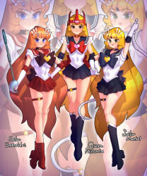  3girls blonde_hair blue_eyes breasts character_name closed_mouth commentary_request covered_navel elbow_gloves emeraldas full_body ginga_tetsudou_999 gloves green_eyes hair_ornament hand_on_own_hip harlock_saga highres holding holding_weapon large_breasts long_hair looking_at_viewer maetel multiple_girls no_scar open_mouth orange_hair queen_emeraldas sailor_senshi_uniform shin_taketori_monogatari_sennen_joou skull_hair_ornament smile troy7737 unofficial_sailor_senshi_uniform weapon white_gloves yukino_yayoi 