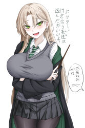  absurdres arms_under_breasts black_pantyhose black_robe black_skirt blonde_hair blush breasts collared_shirt commentary_request curtained_hair diagonal-striped_clothes diagonal-striped_necktie earrings female genderswap_(mtf) green_eyes green_necktie green_robe harry_potter_(series) highres hogwarts_school_uniform holding holding_wand hoop_earrings jewelry large_breasts long_hair looking_at_viewer malfoid necktie open_mouth pantyhose robe rule_63 school_uniform shirt skirt solo striped_clothes striped_necktie two-sided_fabric two-sided_robe two-tone_robe very_long_hair wand white_shirt wizarding_world zatma 