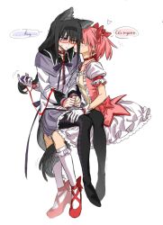  2girls akemi_homura akemi_homura_(magical_girl) animal_collar animal_ear_fluff animal_ears argyle_clothes argyle_thighhighs avanes_d black_collar black_hair black_hairband black_tail black_thighhighs blush bound bound_wrists bow capelet chest_jewel closed_mouth collar dog_ears dog_girl dog_tail dress dress_bow frilled_dress frilled_socks frills full_body gem glasses gloves grey_capelet grey_skirt hair_ribbon hairband hand_in_another's_hair hand_on_another's_thigh heart highres invisible_chair kaname_madoka kaname_madoka_(magical_girl) kemonomimi_mode kneehighs leash long_hair long_sleeves looking_at_another looking_to_the_side magical_girl mahou_shoujo_madoka_magica mahou_shoujo_madoka_magica_(anime) multiple_girls neck_ribbon one_eye_closed own_hands_together pantyhose pink_dress pink_gem pink_hair pink_ribbon puffy_short_sleeves puffy_sleeves purple_eyes red-framed_eyewear red_collar red_ribbon red_shoes ribbon shoes short_hair short_sleeves sidelocks simple_background sitting sitting_on_lap sitting_on_person skirt socks soul_gem_(madoka_magica) speech_bubble sweatdrop tail talking thighhighs twintails vietnamese_commentary vietnamese_text white_background white_dress white_gloves white_sleeves white_socks yuri 