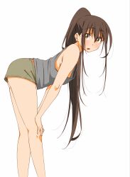 anime_coloring bare_arms bare_legs bare_shoulders bent_over blush brown_hair brown_shorts choppy_bangs commentary_request earrings feet_out_of_frame female from_side glint grey_tank_top hair_between_eyes hands_on_own_knees high_ponytail highres homura_minori jewelry long_hair long_sidelocks looking_at_viewer looking_to_the_side loungewear no_bra open_mouth orange_eyes original ponytail short_shorts shorts sidelocks sideways_glance simple_background solo standing straight_hair tank_top turning_head very_long_hair white_background 