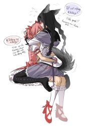  2girls akemi_homura akemi_homura_(magical_girl) animal_ear_fluff animal_ears argyle_clothes argyle_thighhighs avanes_d black_collar black_hair black_hairband black_tail black_thighhighs blush bow braid braided_twintails capelet collar dog_ears dog_girl dog_tail dress dress_bow frilled_dress frills from_behind full_body gloves grey_capelet grey_skirt hairband hairbow hand_on_another's_back highres hug invisible_chair kaname_madoka kaname_madoka_(magical_girl) kemonomimi_mode long_hair long_sleeves magical_girl mahou_shoujo_madoka_magica mahou_shoujo_madoka_magica_(anime) multiple_girls pink_bow pink_dress pink_hair puffy_short_sleeves puffy_sleeves short_hair short_sleeves simple_background sitting sitting_on_lap sitting_on_person skirt speech_bubble sweatdrop tail talking thighhighs twintails vietnamese_commentary vietnamese_text wariza white_background white_dress white_gloves white_sleeves yuri 