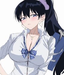  arato_nagi black_hair blue_eyes blush breasts cleavage closed_mouth commentary_request earrings female gyaru heart heart_earrings highres jewelry koha_2652 large_breasts looking_at_viewer ponytail ruri_no_houseki shirt solo white_shirt 