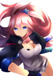 animal_ears black_jacket blue_eyes breasts cleavage commentary female fox fox_ears headphones headphones_around_neck honkai_(series) honkai_impact_3rd jacket jokerace03 large_breasts long_hair looking_at_viewer pink_hair shirt simple_background solo white_background white_shirt yae_sakura yae_sakura_(goushinnso_memento) 