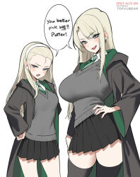  2girls :d age_difference black_cloak black_skirt black_thighhighs blonde_hair blue_eyes blush breasts cloak collared_shirt commentary cowboy_shot diagonal-striped_clothes diagonal-striped_necktie dual_persona earrings english_commentary english_text forehead genderswap_(mtf) green_necktie grey_sweater grey_sweater_vest hairband hand_on_own_hip harry_potter_(series) height_difference hogwarts_school_uniform jewelry large_breasts long_hair long_sleeves looking_at_viewer malfoid medium_breasts miniskirt multiple_girls necktie open_mouth patreon_username pleated_skirt rule_63 school_uniform shirt simple_background size_difference skirt slit_pupils smile speech_bubble standing striped_clothes striped_necktie sweater sweater_vest teeth thighhighs thighs tofuubear v-neck white_background white_hairband white_shirt wizarding_world zettai_ryouiki 