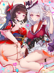  2girls :p absurdres alternate_breast_size_(larger) ass breasts brown_hair chinese_commentary cleavage commentary_request dress dual_persona facial_mark fallen-leaves fish flying_fish fox_mask hat heart heart_facial_mark highres honkai:_star_rail honkai_(series) large_breasts long_hair looking_at_viewer mask mask_on_head multiple_girls purple_eyes red_dress red_shirt shirt skirt sparkle_(honkai:_star_rail) sparxie_(honkai:_star_rail) thigh_strap thighs tongue tongue_out top_hat twintails very_long_hair white_hair white_skirt 