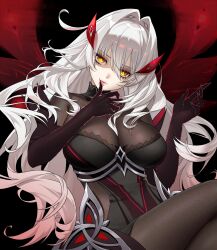  absurdres black_background black_dress bodystocking breasts cleavage commentary dress female finger_to_mouth genshin_impact hair_intakes highres large_breasts long_hair looking_at_viewer ronova_(genshin_impact) see-through_cleavage see-through_clothes serpent_(pepepp39) slit_pupils solo very_long_hair white_hair yellow_eyes 