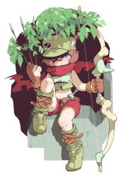  arrow_(projectile) boots bow_(weapon) brown_gloves brown_hair closed_mouth commentary_request female full_body gloves green_boots green_hat hand_up hat hat_feather highres holding holding_arrow holding_bow_(weapon) holding_weapon midriff navel one_eye_covered partially_fingerless_gloves ranger_(sekaiju) ranger_2_(sekaiju) sekaiju_no_meikyuu sekaiju_no_meikyuu_1 seuteko short_hair solo weapon 