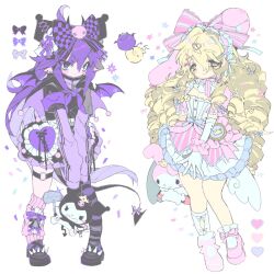  1boy alternate_costume angel_wings animal_ears animification armband asymmetrical_legwear badge black_dress black_shoes black_thighhighs blonde_hair bow breasts button_badge cameo character_doll checkered_bow checkered_clothes chinese_commentary cleavage colored_skin commentary_request cosplay crossdressing crossdressing_(mtf) curly_hair demon_wings dimension107 doll dress fake_animal_ears female frilled_dress frills full_body gloves hair_ornament hairband hairbow hairclip heart heart_hair_ornament highres hime_lolita humanization kuromi kuromi_(cosplay) leg_warmers lolita_fashion lolita_hairband long_hair long_sleeves looking_at_viewer mary_janes minecraft_youtube mismatched_legwear my_melody my_melody_(cosplay) my_melody_(series) neckerchief pastel_colors pink_dress pink_shoes pointy_ears princezam purple_armband purple_bow purple_eyes purple_hair purple_leg_warmers purple_neckerchief purple_ribbon purple_sleeves purple_thighhighs rabbit_ears ribbon ringlets sanrio shoes simple_background skull_hair_ornament small_breasts smile smiley_face socks spiked_shoes spikes standing striped_clothes striped_thighhighs stuffed_animal stuffed_rabbit stuffed_toy subcul_jirai sweet_lolita thighhighs trap unstable_universe very_long_hair wemmbu white_background white_gloves white_socks wings yellow_eyes yellow_skin yume_kawaii 