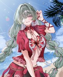 alternate_costume bandaged_arm bandages bikini bikini_skirt blue_sky breasts commentary day earrings female fingernails green_hair grey_eyes highres jacket jewelry large_breasts long_fingernails long_hair looking_at_viewer millchi multicolored_hair nail_polish navel open_clothes open_jacket outdoors parted_lips phrolova_(wuthering_waves) red_jacket red_nails red_skirt skirt sky smile solo stomach streaked_hair swimsuit upper_body white_bikini wuthering_waves 