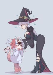  absurdres black_dress black_hat breasts c_civciv cleavage commentary_request diabellstar_the_black_witch diabellstar_the_black_witch_(alternate_art) dress duel_monster grey_hair hat highres jewelry large_breasts long_hair official_alternate_costume official_alternate_hairstyle purifire_of_the_winter_raven's_forest smile snake-eyes_poplar thighhighs undersized_breast_cup witch witch_hat yu-gi-oh! yuri 