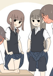  2boys 2girls accident black_eyes black_shorts black_sweater_vest blue_skirt blunt_bangs blush breasts brown_hair cameltoe clothes_lift collared_shirt commentary_request desk feet_out_of_frame full-face_blush furrowed_brow grin gym_shorts hair_over_shoulder juukyuu lifting_own_clothes long_hair looking_at_another low_twintails medium_hair mob_face multiple_boys multiple_girls no_pupils no_sclera open_mouth original panties pleated_skirt raised_eyebrows school_uniform shirt short_hair short_sleeves short_twintails shorts shorts_under_skirt sidelocks simple_background sitting skirt skirt_lift small_breasts smile standing sweat sweater_vest twintails underwear white_background white_panties white_shirt 
