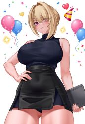  alternate_costume balloon bare_shoulders black_panties black_skirt blonde_hair blush breasts commentary confetti covered_navel english_commentary evelyn_chevalier female from_below hair_over_one_eye hand_on_own_hip hat heart high-waist_skirt highres large_breasts miniskirt panties parted_lips party_hat purple_eyes shirt simple_background skirt sleeveless sleeveless_shirt smile solo turtleneck turtleneck_shirt underwear white_background xynian_arts zenless_zone_zero 