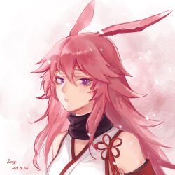  animal_ears artist_name breasts commentary dated female fox_ears honkai_(series) honkai_impact_3rd japanese_clothes kimono large_breasts looking_at_viewer nontraditional_miko pink_hair purple_eyes short_kimono solo untranslatable_commentary upper_body white_background white_kimono yae_sakura yae_sakura_(gyakushinn_miko) zong_tingzi 