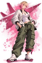  ace_combat ace_combat_8 blonde_hair breasts cargo_pants commentary dog_tags english_commentary female full_body gradient_hair green_eyes green_pants hands_in_pockets highres jacket jewelry looking_at_viewer medium_breasts multicolored_hair navel open_clothes open_jacket pants parted_lips pendant pink_hair shirt shoes short_hair sneakers solo standing tasha_(ace_combat) two-tone_hair white_jacket white_shirt white_shoes yan_kodiac 
