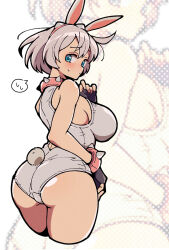  adapted_costume ahoge animal_ears ass ass_focus back blue_eyes blush bracelet breasts collar commentary_request cropped_legs elphelt_valentine female from_behind guilty_gear guilty_gear_strive hairband highres itsuka_neru jewelry large_breasts looking_at_viewer playboy_bunny rabbit_ears rabbit_tail short_hair solo spiked_collar spiked_hairband spikes tail thick_thighs thighs white_hair 