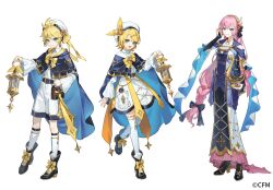  1boy 2girls :d aruk beret black_shoes blonde_hair blue_bridal_gauntlets blue_capelet blue_shoes braid bridal_gauntlets capelet collared_shirt commentary_request company_name copyright_notice dress full_body hair_between_eyes hat holding holding_lantern kagamine_len kagamine_rin lantern leg_up long_hair megurine_luka multiple_girls official_art pink_hair shirt shoes simple_background smile socks spiked_hair standing thighhighs tongue very_long_hair vocaloid white_background white_dress white_hat white_shirt white_socks white_thighhighs 