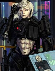  abs absurdres adam_smasher adjusting_hair barcode barcode_tattoo before_feminization blue_eyes commentary cyberpunk_(series) cyberpunk_2077 cyborg english_commentary female feminization genderswap_(mtf) gun handgun heterochromia highres holster juxtaposition mechabare mechanical_arms mechanical_eyes medium_hair midriff muscular muscular_female pubic_tattoo red_eyes rule_63 science_fiction single_mechanical_eye solo_focus tablet_pc tattoo thigh_holster weapon white_hair zarzaliel 