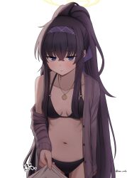  absurdres bikini black_bikini black_hair blue_archive blue_eyes breasts clothes_pull collarbone commentary_request hair_between_eyes hairband halo high_ponytail highres hunched_over jewelry long_hair navel off_shoulder pendant petite ponytail sidelocks simple_background single_off_shoulder small_breasts sora_scale swimsuit thigh_gap translation_request twitter_username ui_(blue_archive) ui_(swimsuit)_(blue_archive) very_long_hair white_background 