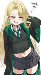  absurdres arm_behind_head arm_up arrow_(symbol) black_skirt black_thighhighs blonde_hair blush commentary contrapposto diagonal-striped_clothes diagonal-striped_necktie earrings english_text female genderswap_(mtf) green_necktie grey_eyes half-closed_eyes harry_potter_(series) head_cha_la high_contrast highres hogwarts_school_uniform hoop_earrings jewelry line_art long_hair long_sleeves looking_at_viewer malfoid midriff navel necktie oerba_yun_fang rule_63 school_uniform simple_background skin_fang skirt solo striped_clothes striped_necktie thighhighs vest white_background wing_collar wizarding_world 