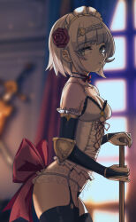  black_thighhighs blurry blurry_background bow breasts bridal_gauntlets bustier choker closed_mouth cloudy_rain4 collarbone commentary_request female flower frilled_choker frills garter_straps genshin_impact hair_flower hair_ornament highres looking_to_the_side maid_headdress noelle_(genshin_impact) red_bow red_flower red_rose rose short_hair small_breasts solo thighhighs white_hair 