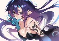  absurdres bare_shoulders black_leotard breasts choker cleavage female green_hands hair_between_eyes highres horns indie_virtual_youtuber large_breasts leotard looking_at_viewer multicolored_hair playboy_bunny pointy_ears purple_eyes purple_hair single_horn smile solo streaked_hair sulia_(vtuber) suliavtuber virtual_youtuber white_background 