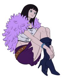  black_hair blue_boots blunt_bangs boots bracelet capelet closed_mouth commentary crop_top eyelashes female full_body fur_capelet high_heels highres jewelry long_hair ltenie nico_robin one_piece purple_capelet purple_skirt simple_background skirt smile solo unfinished white_background 