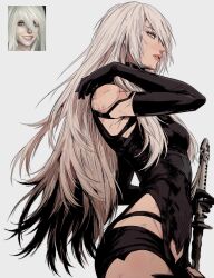  a2_(nier:automata) absurdres bare_shoulders black_gloves blue_eyes breasts clothing_cutout cowboy_shot dirty elbow_gloves female gloves grey_background grey_hair hair_between_eyes highres hip_vent holding holding_sword holding_weapon long_hair medium_breasts nier:automata nier_(series) parted_lips reference_inset solo sword weapon yoracrab 