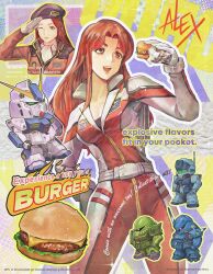  ;) absurdres arms_at_sides assault_visor beret black_hat bodysuit breasts burger chibi christina_mackenzie clenched_hands closed_mouth colorful_background commentary cowboy_shot cropped_torso curtained_hair earth_federation english_text female food gloves gm_sniper_ii green_assault_visor green_eyes gundam gundam_0080 gundam_alex hat highres holding holding_burger holding_food horns jacket kampfer_(mobile_suit) long_hair long_sleeves looking_at_viewer mecha mecha_pilot_suit medium_breasts military_jacket mobile_suit multicolored_bodysuit multiple_views normal_suit_(gundam) one-eyed_mecha one_eye_closed outline partially_unzipped radio_antenna red_bodysuit red_eyes red_hair red_jacket robot salute sd_gundam shoulder_spikes single_horn smile spacesuit spikes standing subakeye two-tone_bodysuit v-fin white_bodystocking white_gloves white_outline zaku_ii_fz_kai zeon 
