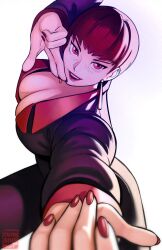  absurdres artist_name black_suit bob_cut breasts calvin_sims commentary earrings english_commentary female formal_clothes highres jacket jewelry large_breasts lips lipstick makeup pant_suit pants red_eyes red_hair solo suit suit_jacket suit_pants the_king_of_fighters the_king_of_fighters_xiii vice_(kof) watermark 