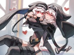  ametonalu arknights belt black_dress black_thighhighs character_and_character_item commentary dress female heart hugging_doll hugging_object long_sleeves nun_headdress red_eyes solo specter_(arknights) thigh_belt thigh_strap thighhighs white_dress 