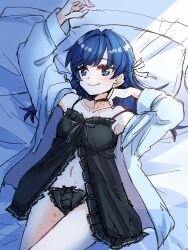  arms_up babydoll black_babydoll black_choker black_panties blue_eyes blue_hair blush borrowed_clothes choker closed_mouth collarbone commentary cowboy_shot female frilled_babydoll frilled_panties frills hickey highres implied_yuri jacket kanduki_kamibukuro looking_at_viewer love_live! love_live!_hasu_no_sora_jogakuin_school_idol_club lying mole mole_on_neck murano_sayaka navel o-ring o-ring_choker on_back on_bed open_clothes open_jacket panties smile solo underwear untranslatable_commentary virtual_youtuber white_jacket yugiri_tsuzuri 