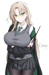  absurdres arms_under_breasts black_pantyhose black_robe black_skirt blonde_hair blush breasts closed_mouth collared_shirt commentary_request curtained_hair diagonal-striped_clothes diagonal-striped_necktie earrings female genderswap_(mtf) green_eyes green_necktie green_robe harry_potter_(series) highres hogwarts_school_uniform holding holding_wand hoop_earrings jewelry large_breasts long_hair looking_at_viewer malfoid necktie pantyhose robe rule_63 school_uniform shirt skirt solo striped_clothes striped_necktie two-sided_fabric two-sided_robe two-tone_robe very_long_hair wand white_shirt wizarding_world zatma 