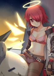  arknights belt bow bra breasts brown_pantyhose closed_mouth commentary english_commentary exusiai_(arknights) female hair_over_one_eye halo jacket lancet-2_(arknights) medium_breasts outdoors panties panties_under_pantyhose pantyhose red_eyes red_hair short_hair sky solo star_(sky) starry_sky striped_bow striped_bra striped_clothes striped_panties sunset thighband_pantyhose underwear white_jacket wings wisewolf_art 