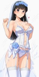  absurdres alternate_costume amagami ass_visible_through_thighs ayatsuji_tsukasa black_eyes black_hair blue_flower blue_rose blush breasts bridal_veil bustier closed_mouth collarbone commentary_request cowboy_shot dated earrings female flower garter_straps glint hand_on_own_chest hands_up head_wreath heart highres jewelry large_breasts light_frown lingerie looking_at_viewer loose_hair_strand navel necklace panties ring rose signature solo standing sweat sweatdrop thigh_gap thighhighs underwear veil white_background white_bustier white_panties white_thighhighs yoo_tenchi 