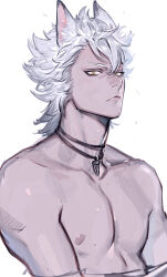  1boy :< adam's_apple animal_ear_fluff animal_ears bare_pectorals collarbone commentary_request dark-skinned_male dark_skin downturned_eyes hair_between_eyes hair_slicked_back hatching_(texture) highres jack_howl jewelry light_blush linear_hatching looking_at_viewer male_focus mullet necklace nipples pectorals sennin_(inoinox) shiny_skin short_hair sideways_glance simple_background solo sweat toned toned_male tooth_necklace twisted_wonderland undressing upper_body v-shaped_eyebrows white_background white_hair wolf_boy wolf_ears yellow_eyes 