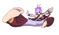  anklet baggy_pants barefoot belt black_belt bracelet breasts commentary commission digimon digimon_(creature) english_commentary fairy_wings feet female flower flying_kick gold_anklet gold_bracelet hair_flower hair_ornament hair_vines highres jewelry kakudrawmon kicking large_breasts leaf_print lilimon oridigi original outstretched_arms pants pantyhose perspective plant red_sash sarashi sash soles spread_arms stitched_clothes stitched_pants toes torn_clothes torn_pantyhose vines wings 