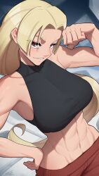  abs absurdres bare_shoulders blonde_hair blush breasts commentary female flexing grin hand_on_own_hip highres jujutsu_kaisen large_breasts long_hair looking_at_viewer midriff navel pants smile solo tettora toned toned_female tsukumo_yuki_(jujutsu_kaisen) 