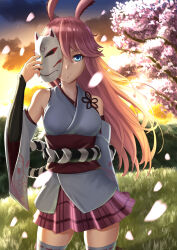  absurdres animal_ears backlighting bare_shoulders breasts cherry_blossoms closed_mouth commentary_request female fox_ears fox_mask grass highres holding holding_mask honkai_(series) honkai_impact_3rd japanese_clothes kayama_kouji kimono large_breasts looking_at_viewer mask nontraditional_miko obi petals ribbon-trimmed_sleeves ribbon-trimmed_thighhighs ribbon_trim sash short_kimono solo sunrise thighhighs tree yae_sakura yae_sakura_(gyakushinn_miko) 