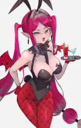  absurdres animal_ears baobhan_sith_(bloody_bunny)_(fate) baobhan_sith_(fate) bare_shoulders black_leotard breast_tattoo breasts cleavage cocktail_glass commentary cup demon_wings detached_collar drinking_glass earrings fake_animal_ears fate/grand_order fate_(series) female fishnet_pantyhose fishnets flower_tattoo gloves grey_eyes hair_intakes highleg highleg_leotard highres jewelry large_breasts leotard long_hair looking_at_viewer oerba_yun_fang open_mouth pantyhose pink_hair playboy_bunny pointy_ears rabbit_ears rabbit_tail red_gloves red_pantyhose sakekasu_(ban_yuuki) sidelocks smile solo swept_bangs tail tattoo thighs tray twintails very_long_hair wings 